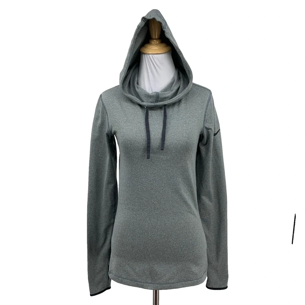 Nike Pro Sweatshirt Womens S Small Grey Black Hyperwarm Dri Fit Hooded Pullover